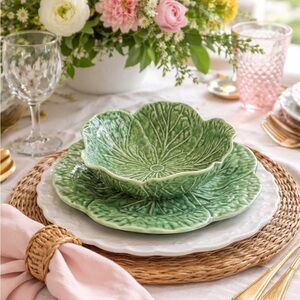 Vintage Portuguese Cabbage Ware Bowl & Plate SetGreen Majolica Made in Portugal